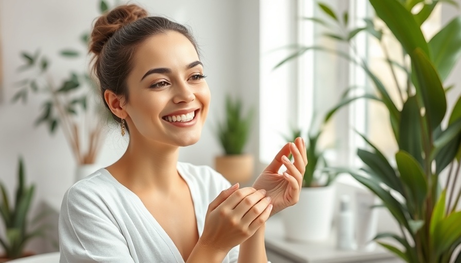 Happy woman using skincare for hydration indoors.