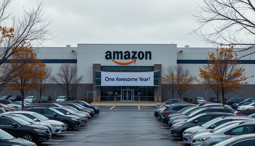 Amazon warehouse in North Carolina with parking lot during overcast day.