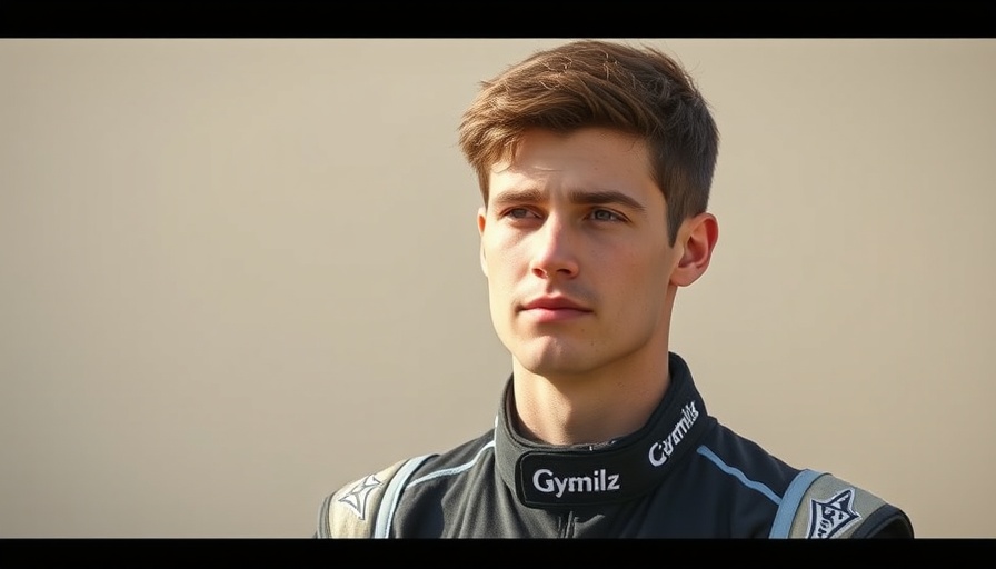 Young male driver in racing attire, thoughtful expression outdoors.