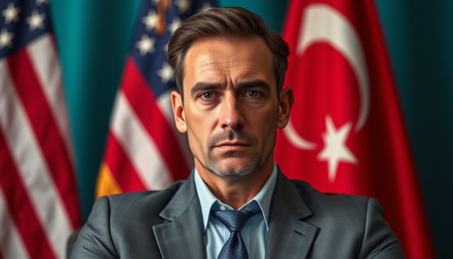 Notable figure with serious expression in front of flags, photorealistic.
