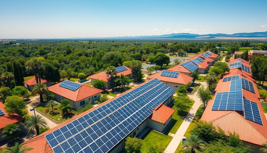 Aerial view of a campus with solar panels, vibrant greenery.