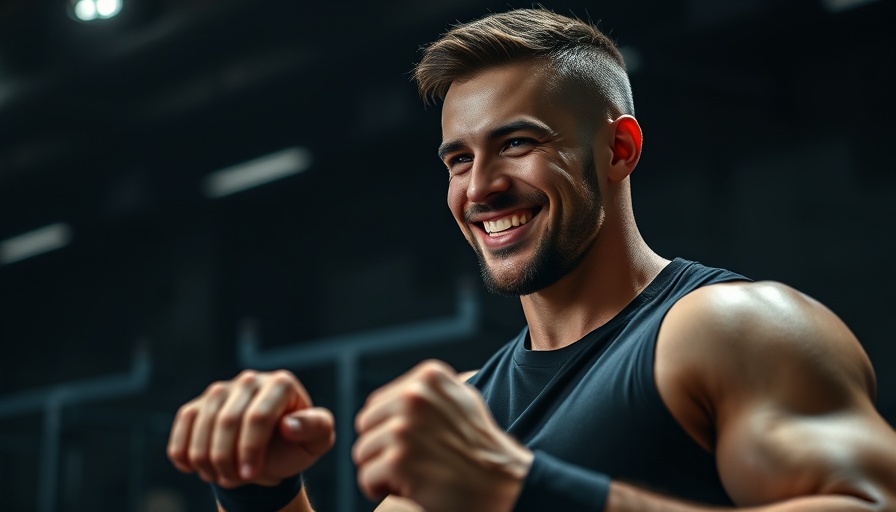 Athletic man smiling while working out in a dimly lit gym.