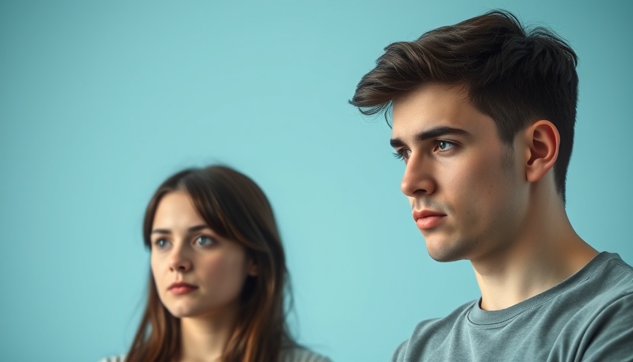 Pensive young couple showing red flags, National Breakup Day theme.