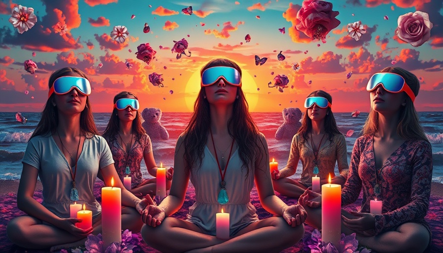 Surreal meditation collage with executives and relaxing symbols.
