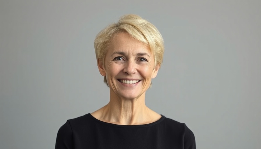Woman smiling in black top, short blonde hair