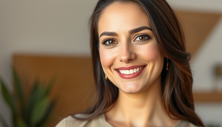 Confident woman smiling, photorealistic portrait with neutral background.