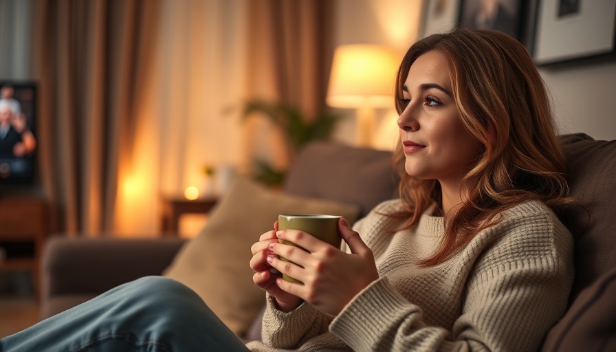 Relaxed woman drinking tea, emphasizing gut health and sleep patterns.