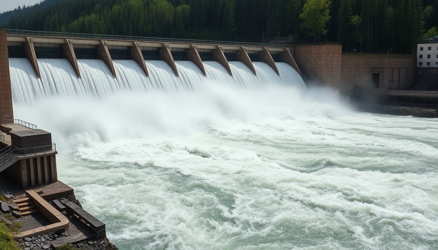 Hydropower dam with rushing water and forest backdrop.