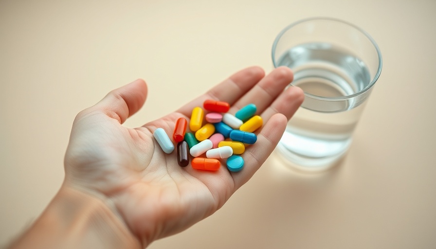 Hand holding pills with water nearby, highlighting gut health protection with antibiotics.