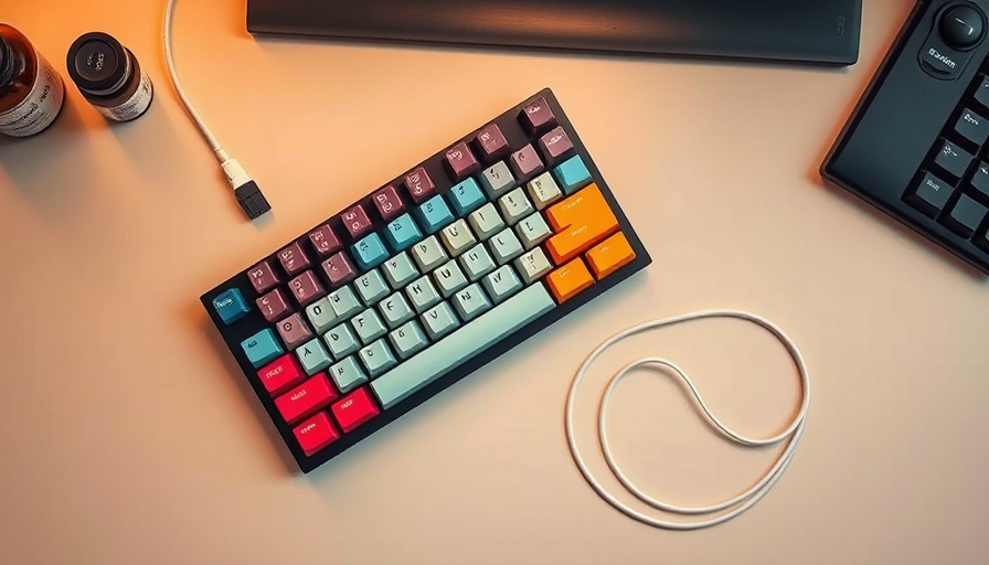 Colorful keyboard and nootropics on desk for focus.