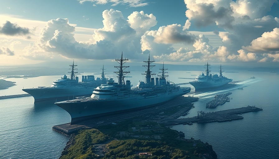 Futuristic shipyard with holographic autonomous warships.