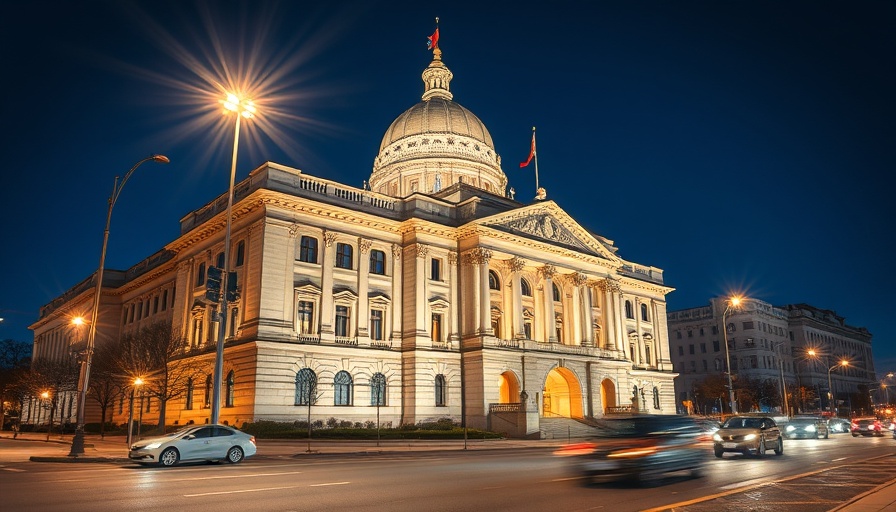 Illuminated government building at night with light trails.