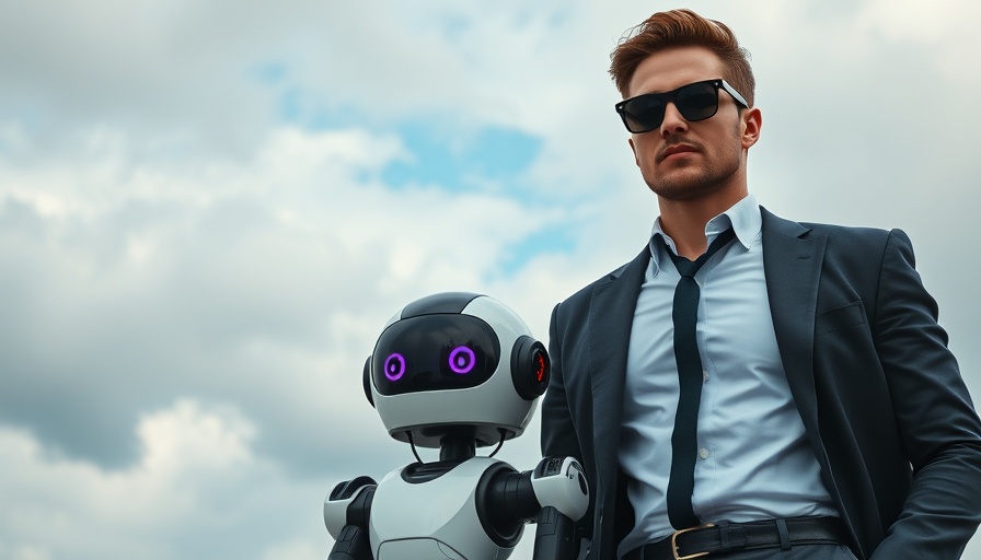 Grok 3 AI Model with a man and robot under cloudy sky.