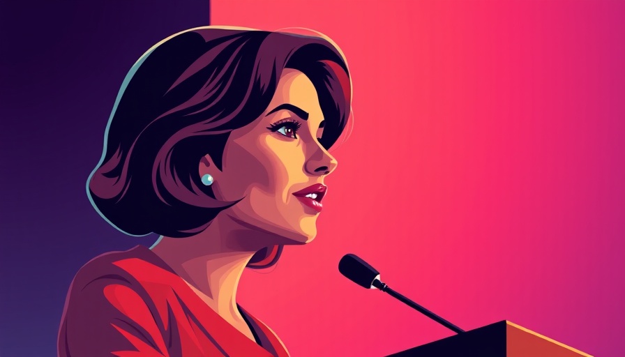 Stylized portrait of a woman speaking at a podium with gradient background.