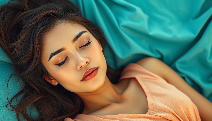 Serene woman in peach dress on turquoise fabric