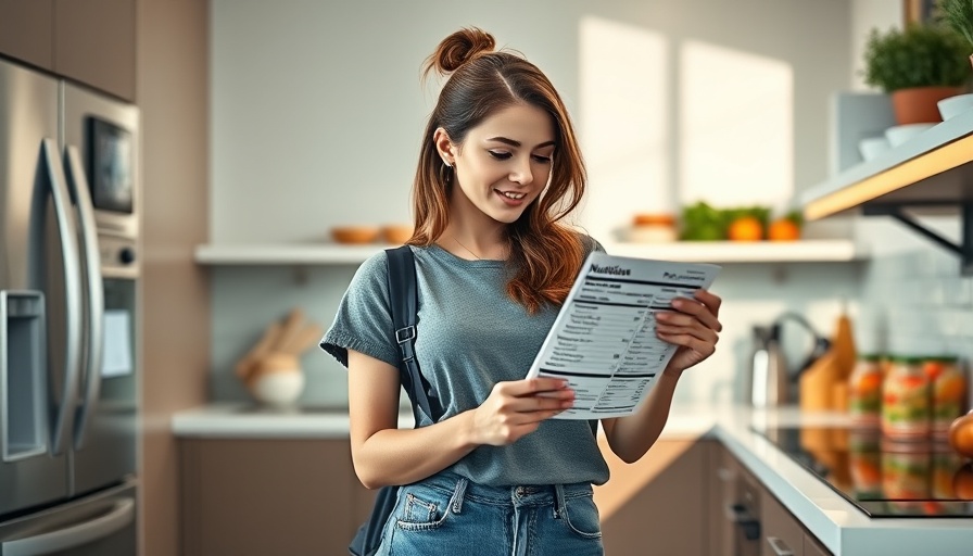Woman reviewing nutrition information in modern kitchen.