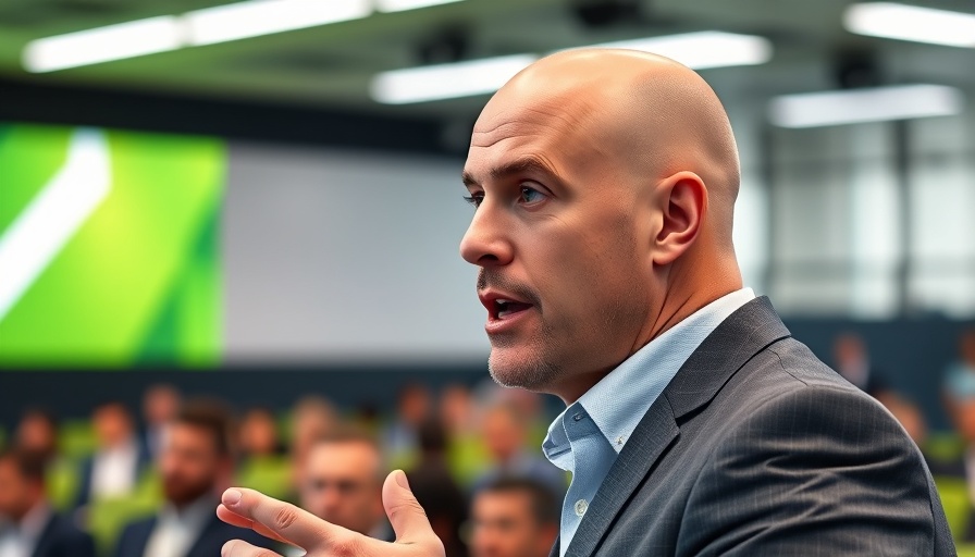 Bald man speaking at a conference with green background.