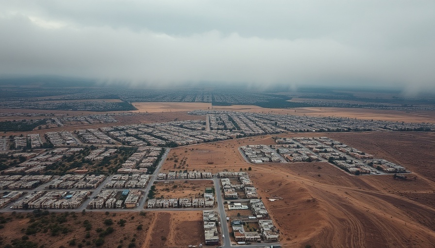 Aerial shot of urban settlement in dry terrain with fog, highlighting water scarcity solutions.