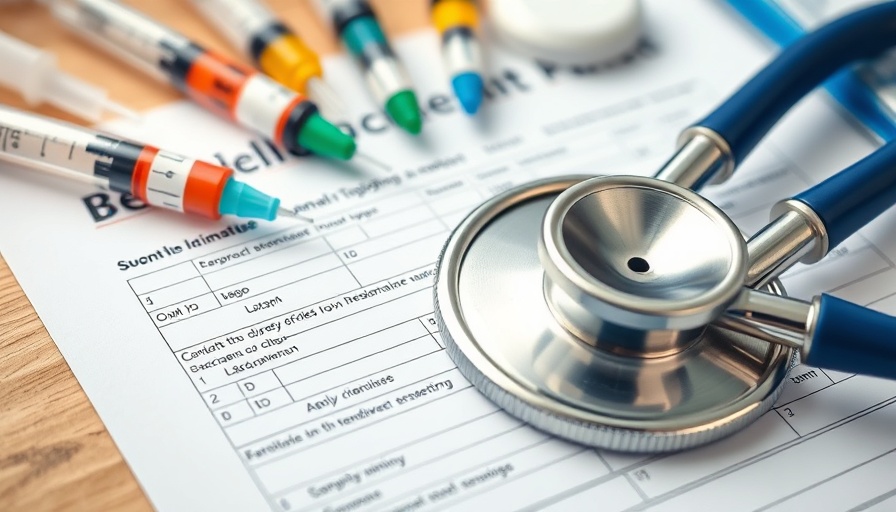 Syringes and stethoscope on medical form depicting COVID-19 vaccines.