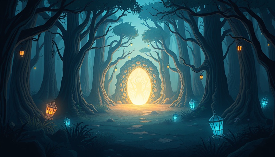 Mysterious enchanted forest scene with mystical portal and ethereal lighting.