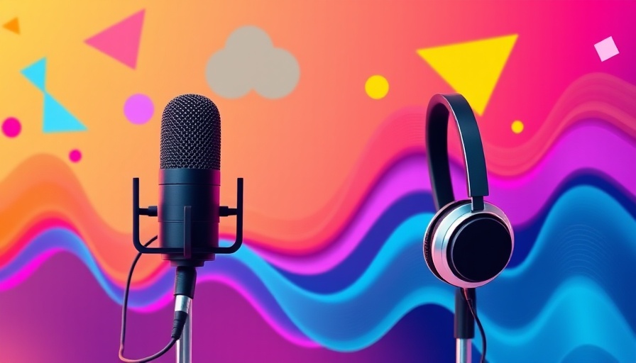 Colorful abstract podcast theme with microphones and headphones, modern digital style.
