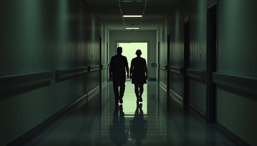 Dimly lit hospital corridor with figures walking, Rockledge Hospital Closure.
