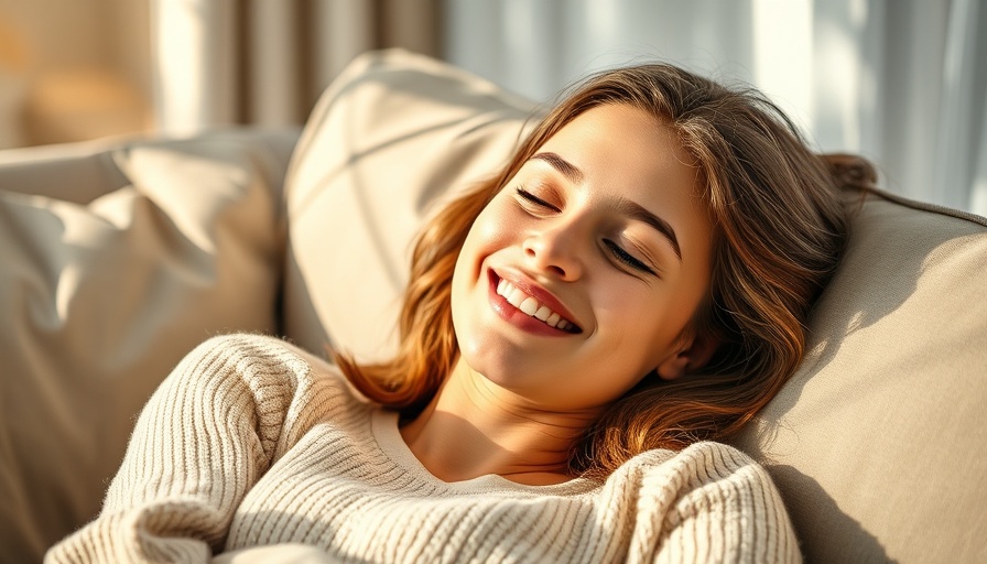 Woman smiling and relaxing at home, Afib Risk and Lifestyle Factors.