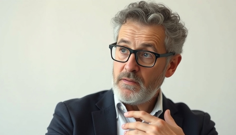 Thoughtful middle-aged man with glasses gesturing, Silicon Valley theme.