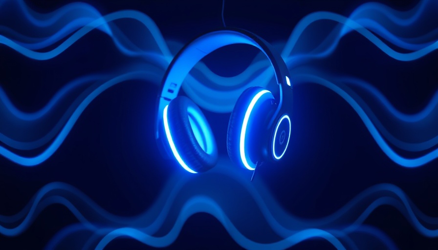Futuristic AI headphones in digital waves, symbolizing UK copyright sell-out.