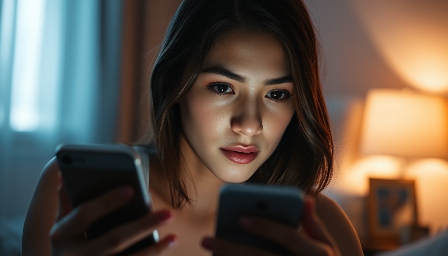 Young woman examining smartphone screen, dimly lit room.