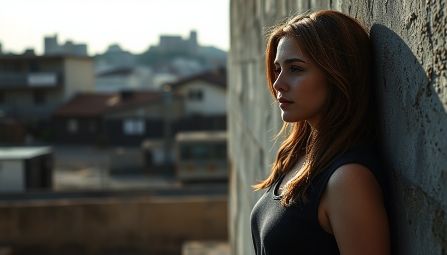Pensive young woman linked to depressive symptoms in urban setting.