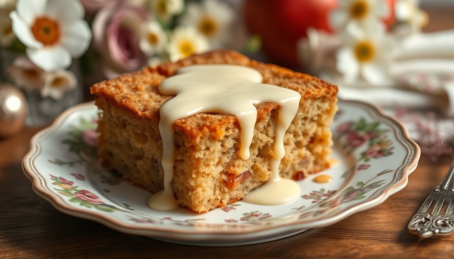 Slice of Irish Apple Cake with custard drizzle on floral plate.
