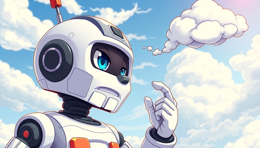 Claude 3.7 Sonnet robot pondering with cloud bubble in cartoon style.