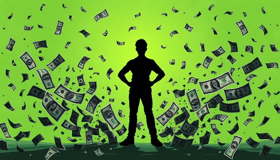Illustration of silhouette with dollar fragments on green backdrop, opioid settlement funds context.