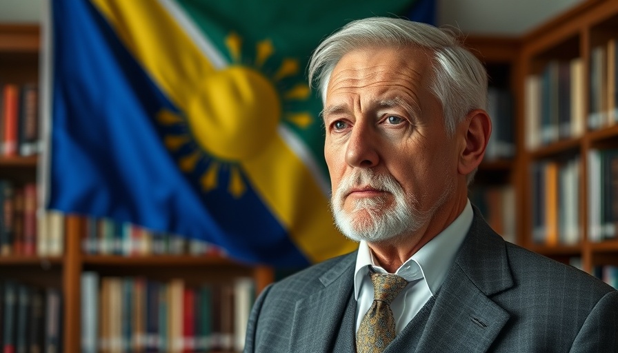 Distinguished man in suit looks thoughtful in library setting.