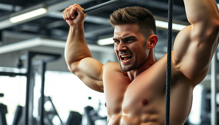 Athletic man doing cable lateral raise in gym setting.
