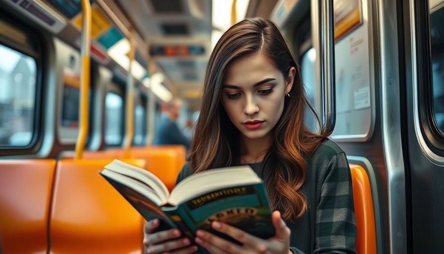 Young woman reading on subway impacting cognitive function, subway backdrop.
