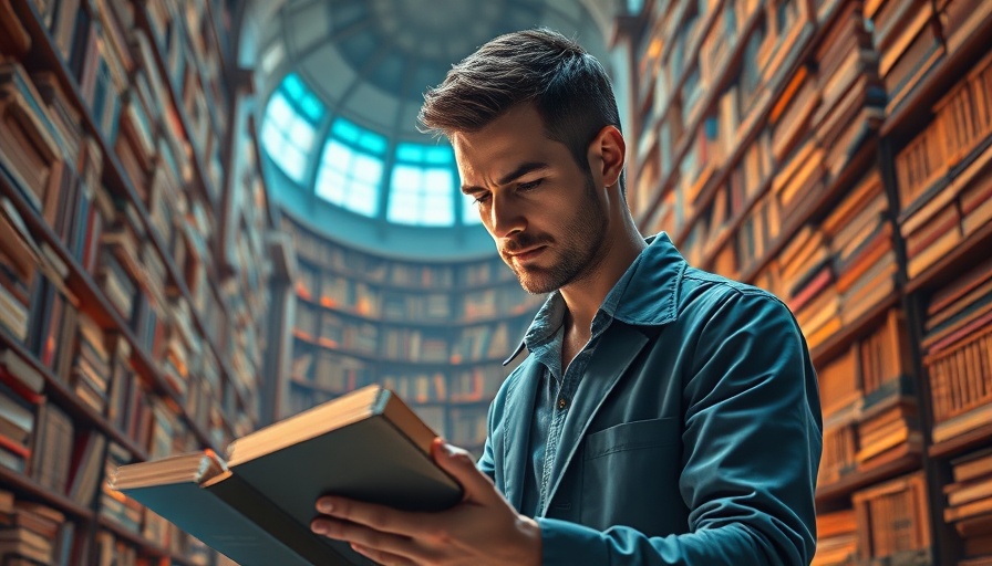 Researcher using AI tools in a library setting, surrounded by books.