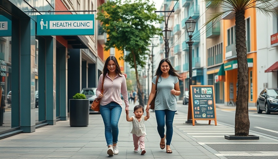 Women and child walking past health clinic during immigration raids.