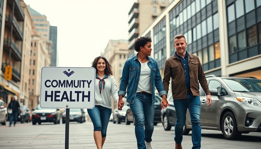 Family walks near community health center, urban setting.