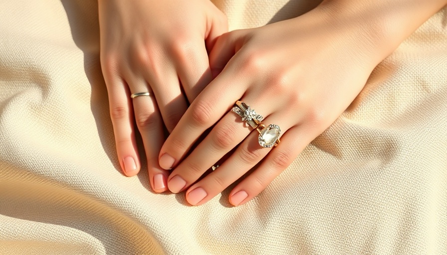 Elegant hands with rings on textured fabric.