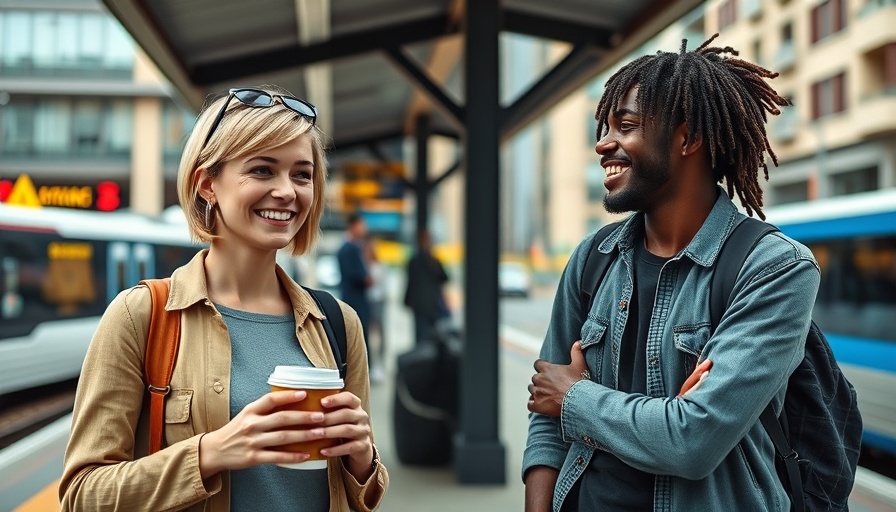 Casual conversation at train station, vibrant street vibe.