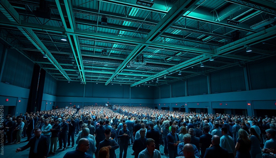 Large conference hall at a tech event with a vibrant audience, wide-angle view.