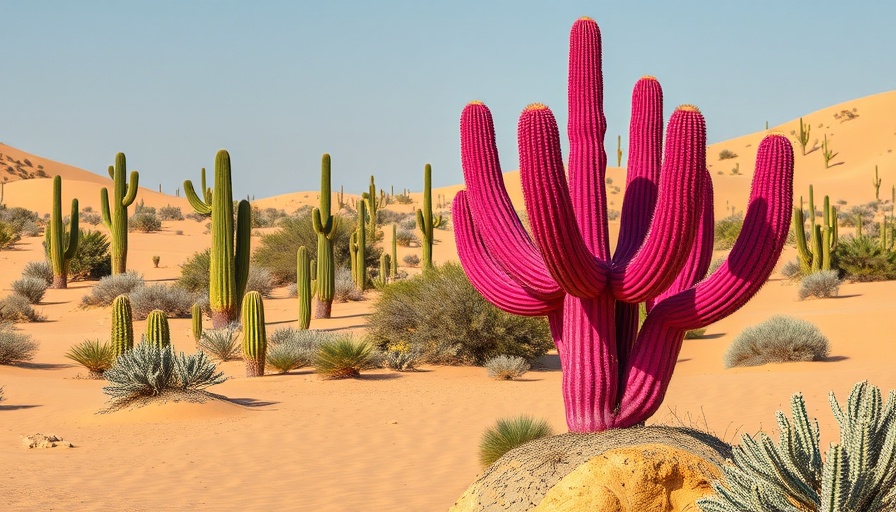 Surreal pink cactus in desert landscape with sand dunes.
