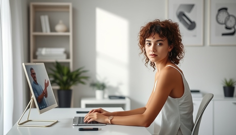Young woman sitting quietly at a desk, modern minimalist room scene.