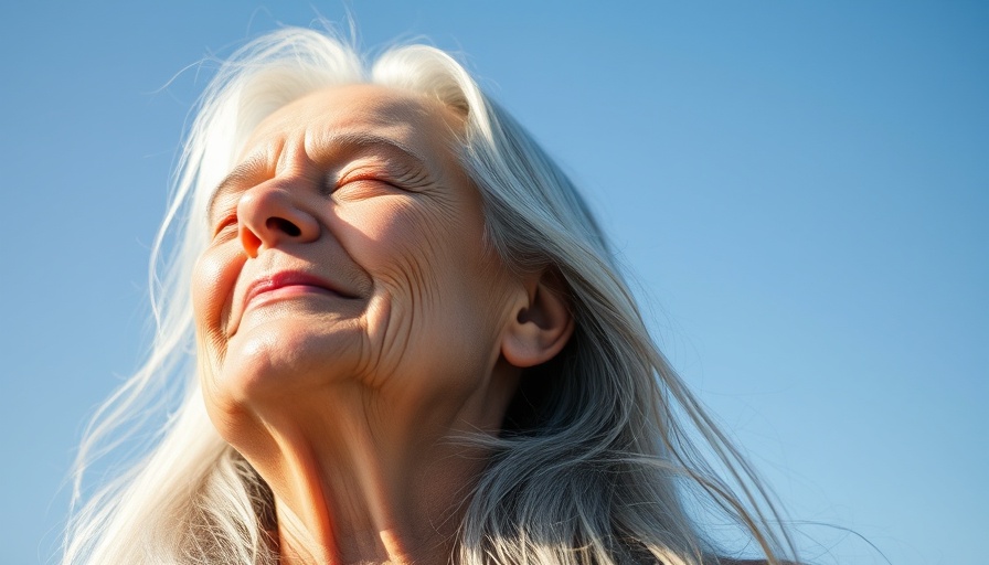 Older woman enjoying sunlight against a blue sky.