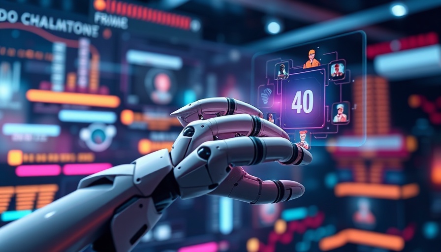 Futuristic robotic hand engaging digital interface in vibrant tech setting.