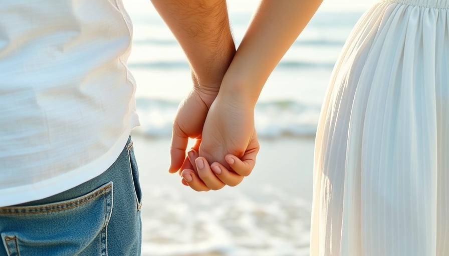 Close-up of couple holding hands on beach, luckiest in love March 2025.