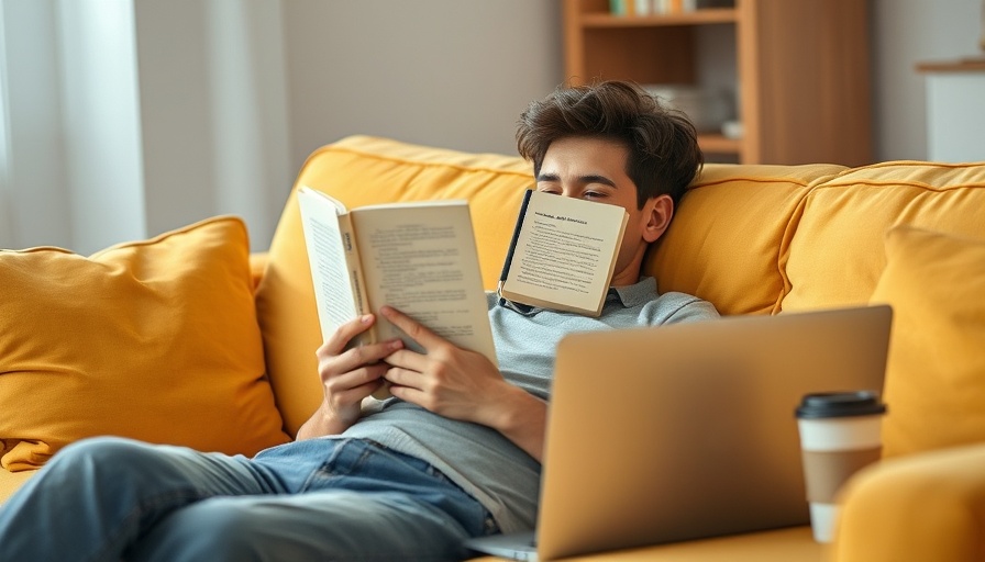 Person relaxing on a sofa, covered face with book and nearby laptop.
