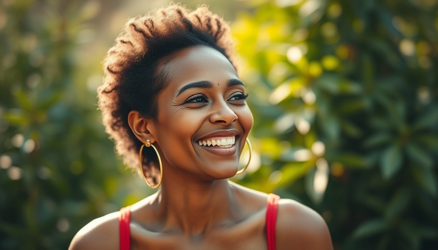 Smiling woman outdoors with hoop earrings, lush greenery.